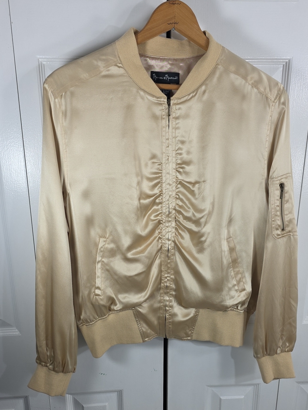 Mercer & Madison Champagne Gold 100% Silk Ruched Bomber Jacket XL